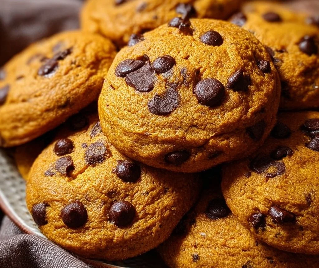 Deliciously baked Pumpkin Chocolate Chip Cookies on a wooden table