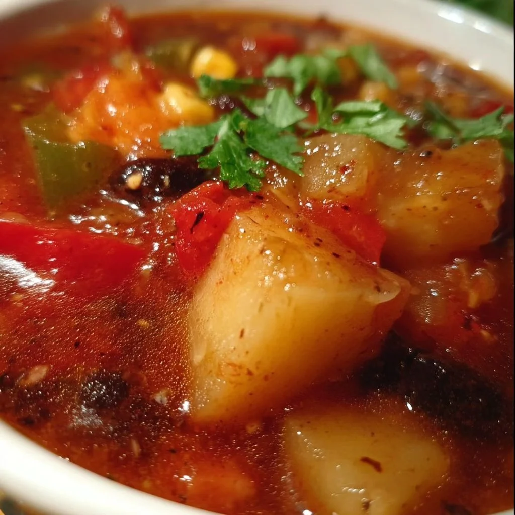 A bowl of Pumpkin Pineapple Chili garnished with cilantro and spices.