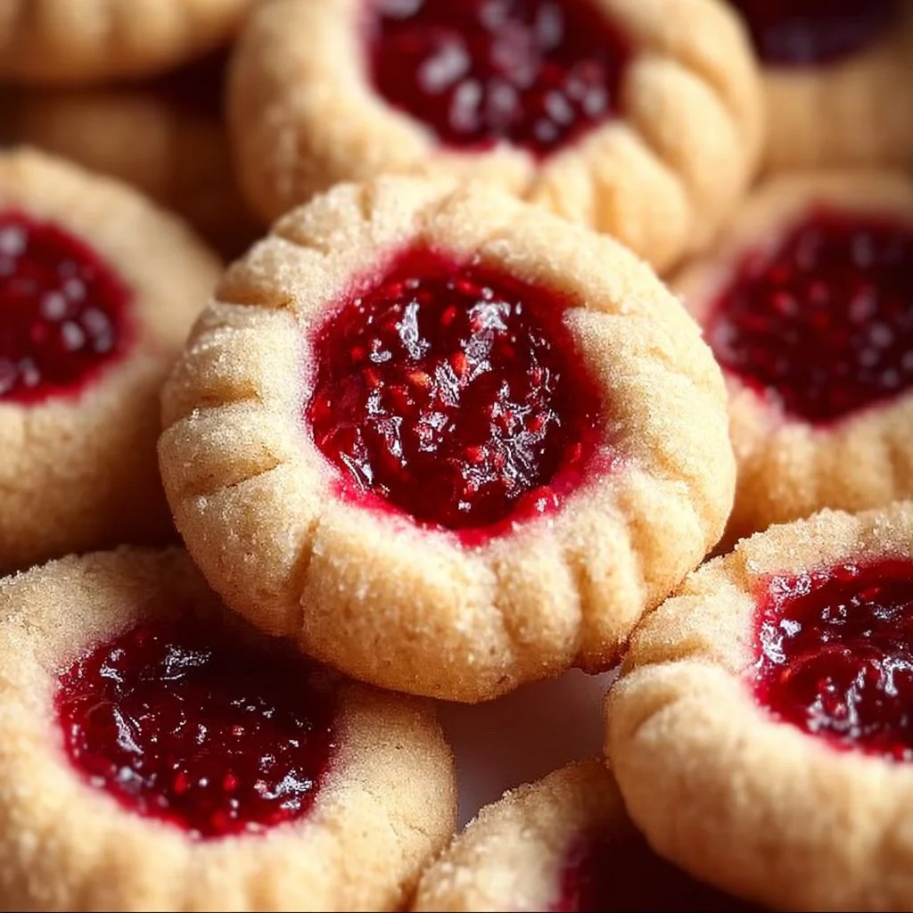 Delicious Raspberry Thumbprint Cookies on a baking tray with a vibrant raspberry jam filling.