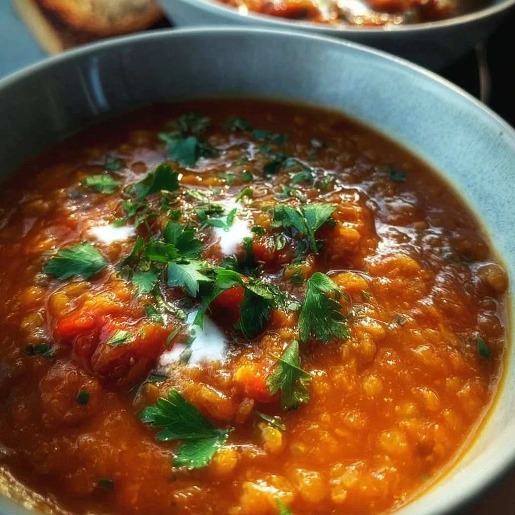 A bowl of Roasted Pepper and Lentil Soup garnished with herbs