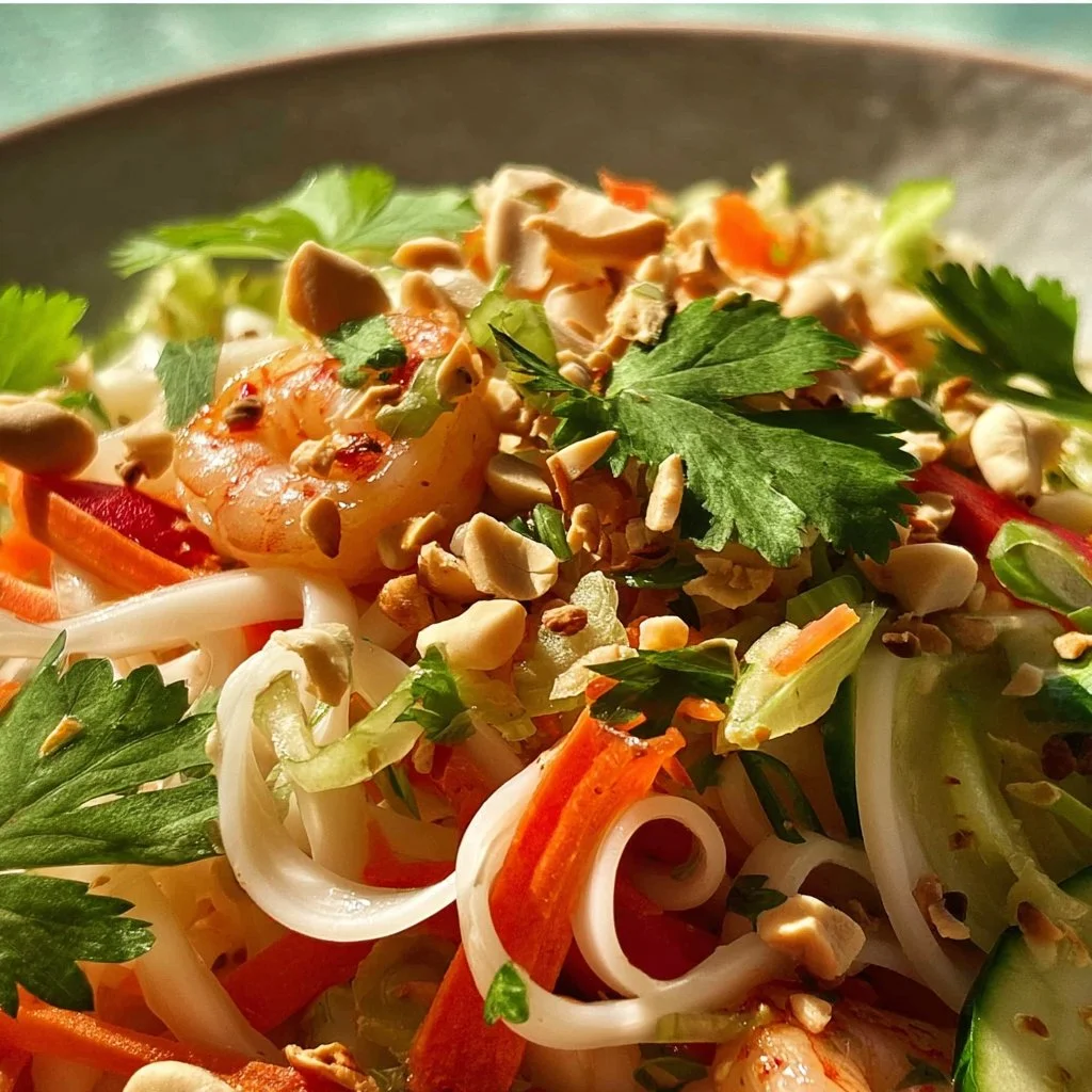 Bowl of Saigon Noodle Salad with fresh herbs and colorful vegetables