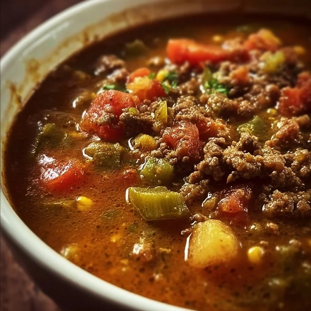 Delicious savory ground beef stew in a bowl with fresh vegetables