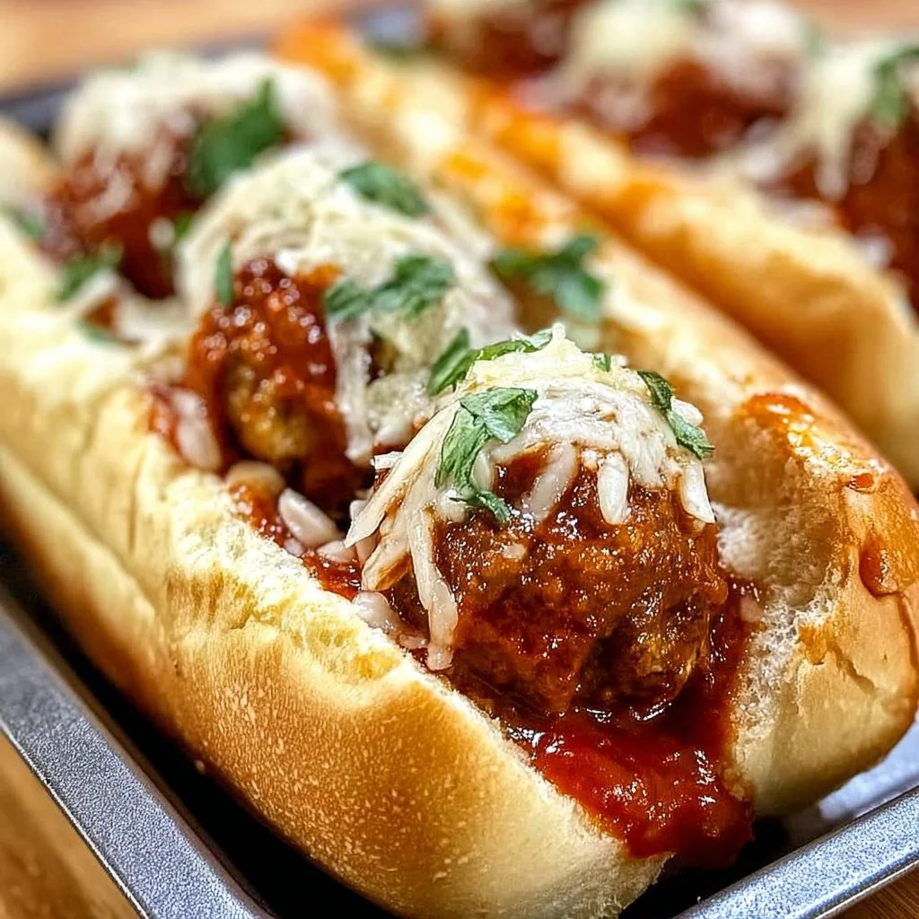 Savory slow cooker meatball subs served on a plate with melted cheese and herbs.