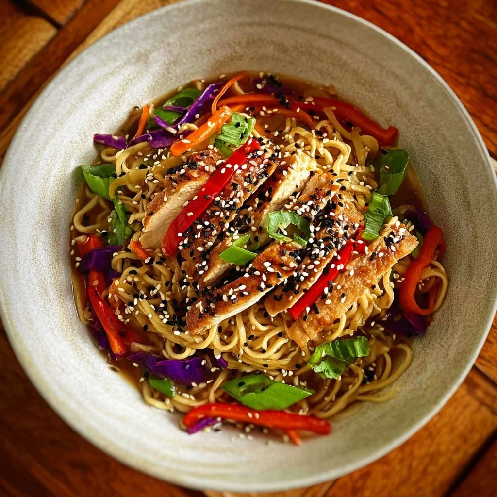 Sesame Chicken Noodle Bowl garnished with fresh vegetables and sesame seeds.