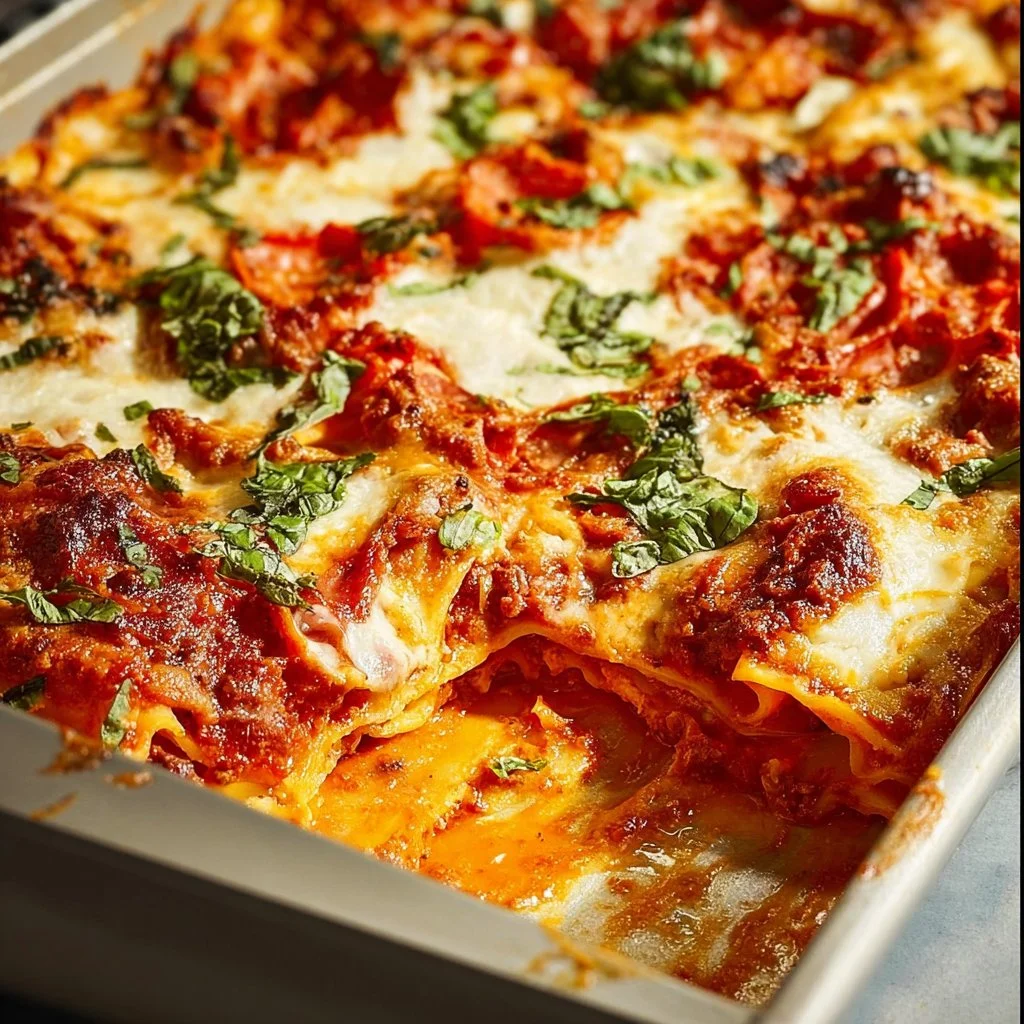 Delicious sheet pan lasagna with layers of pasta, cheese, and sauce