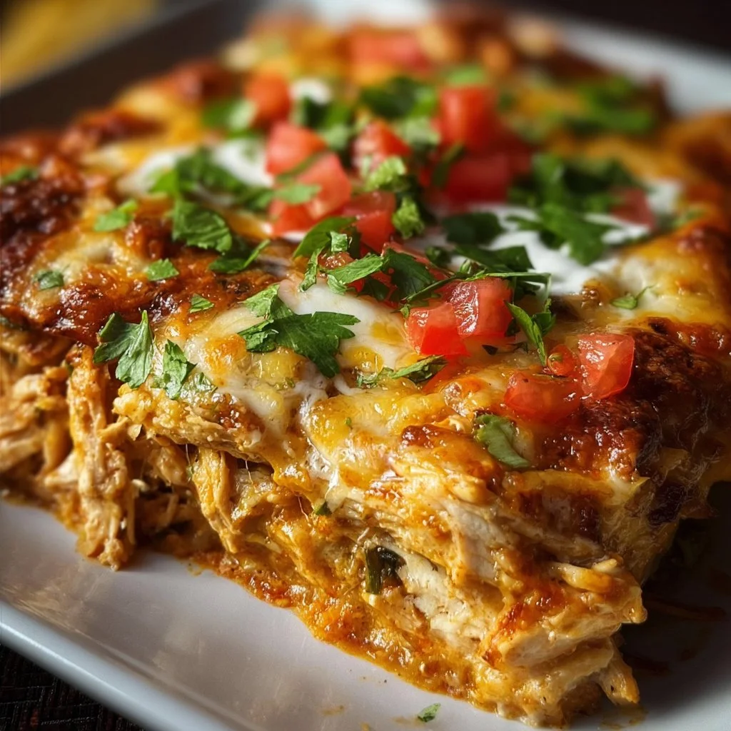 Shredded Chicken Enchilada Casserole topped with cheese and cilantro