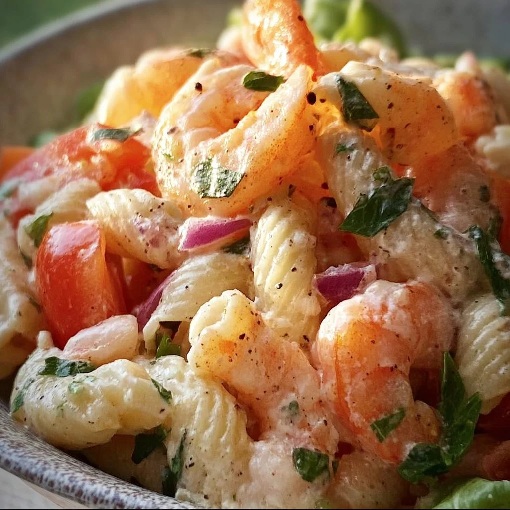 Colorful Shrimp Pasta Salad with fresh veggies and herbs in a bowl.