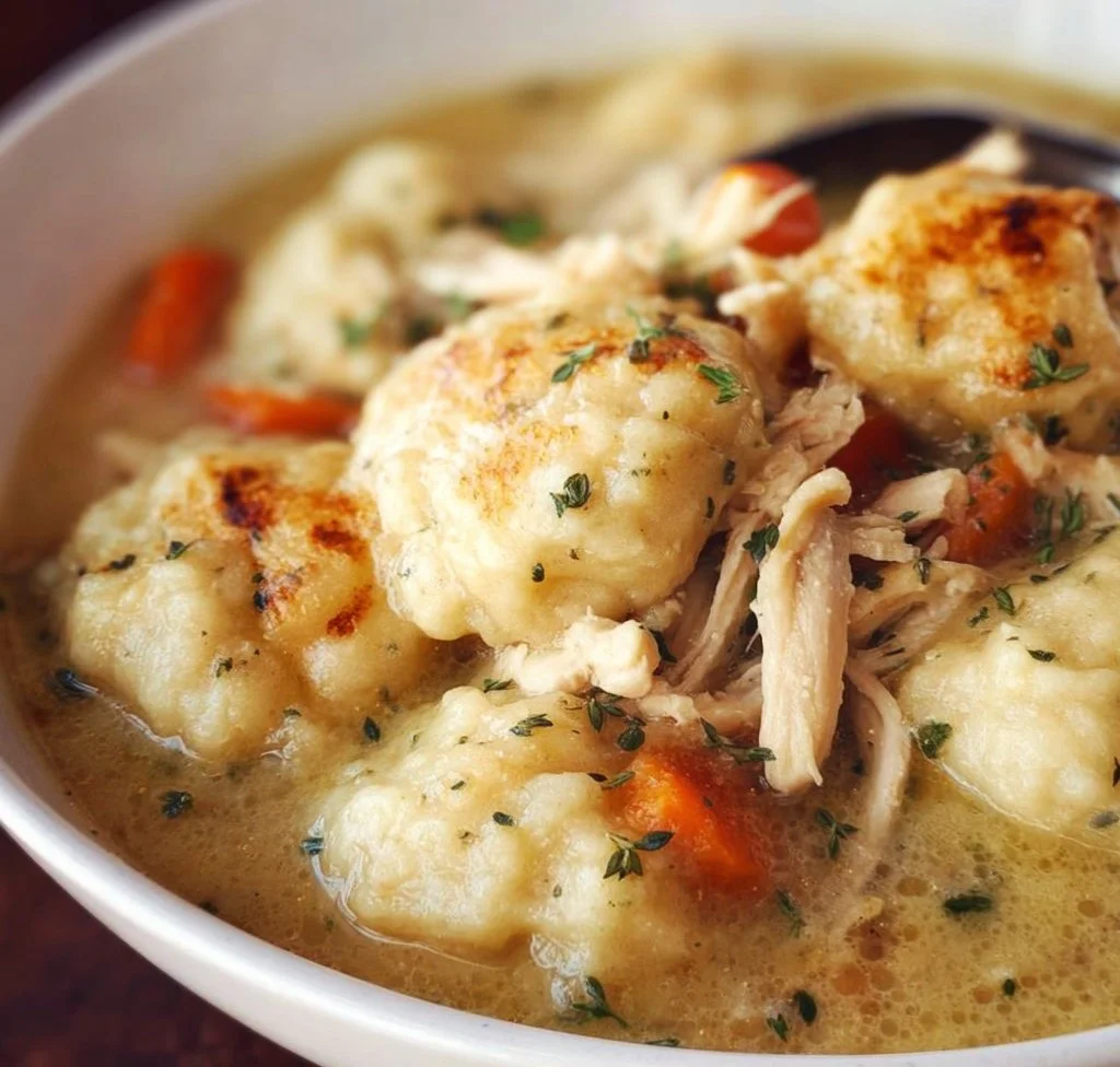 Bowl of Simply Delicious Chicken and Dumplings with fresh herbs on top