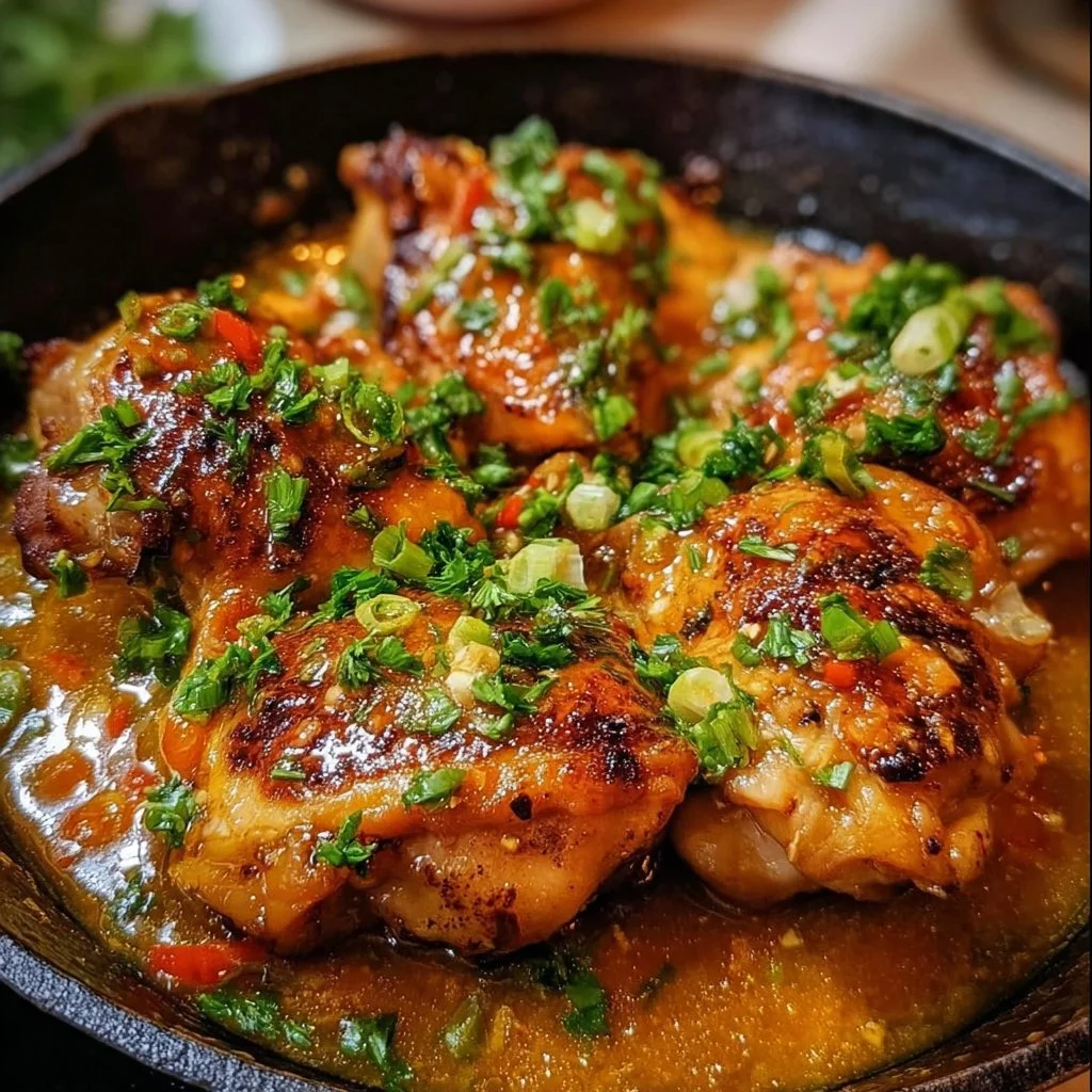Skillet Bang Bang Chicken Thighs ready to serve on a plate with garnish.