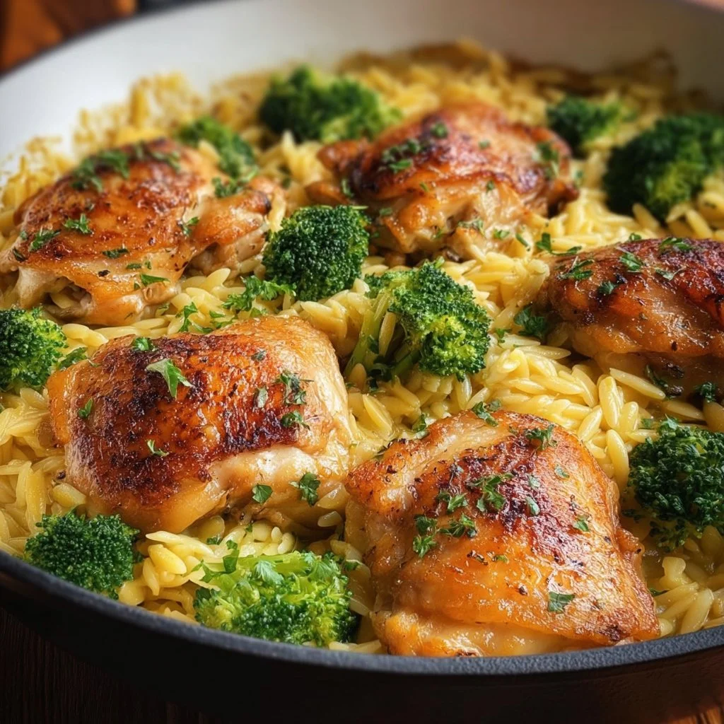 Skillet chicken thighs with broccoli cheddar orzo served on a plate