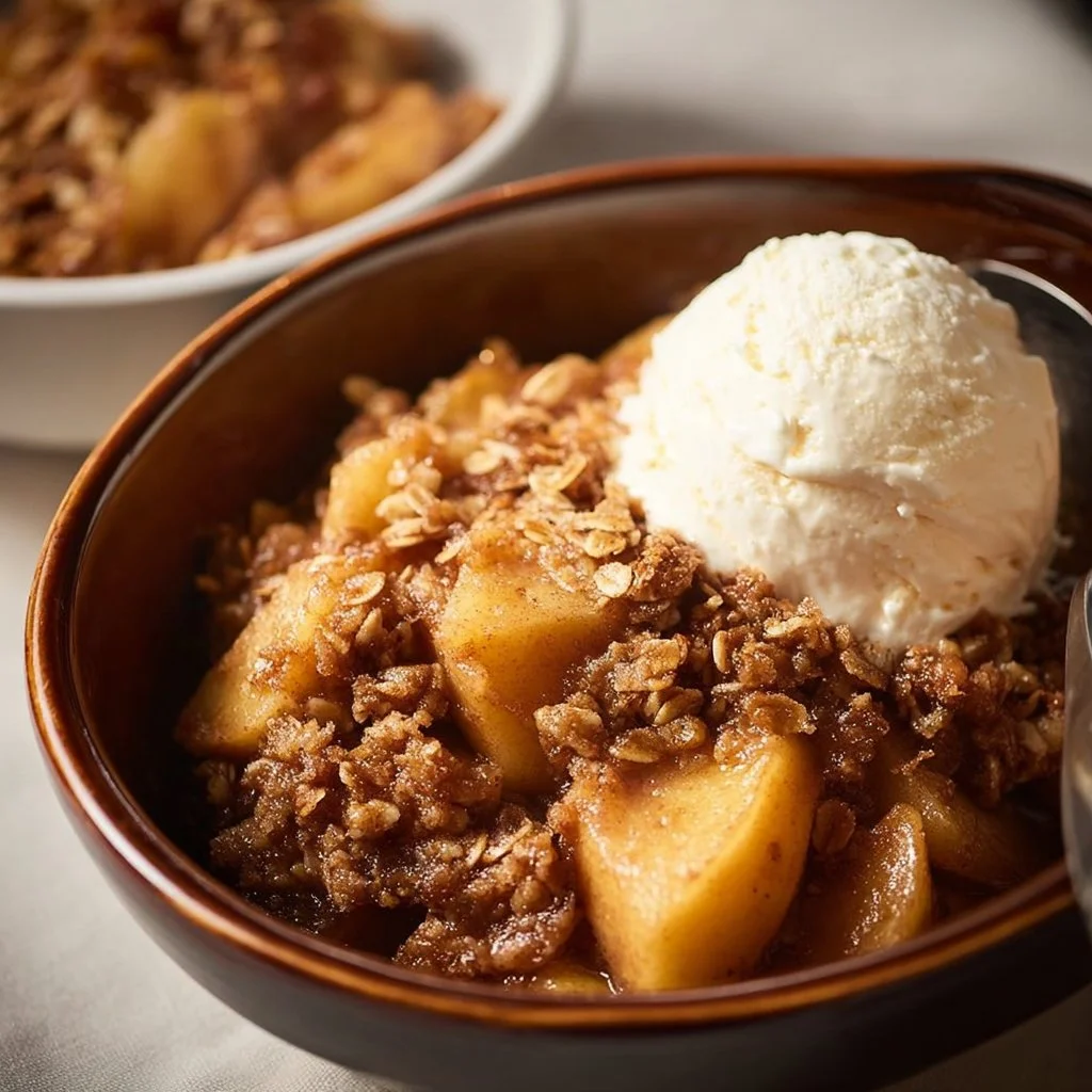 Delicious slow cooker apple crisp topped with oats and cinnamon
