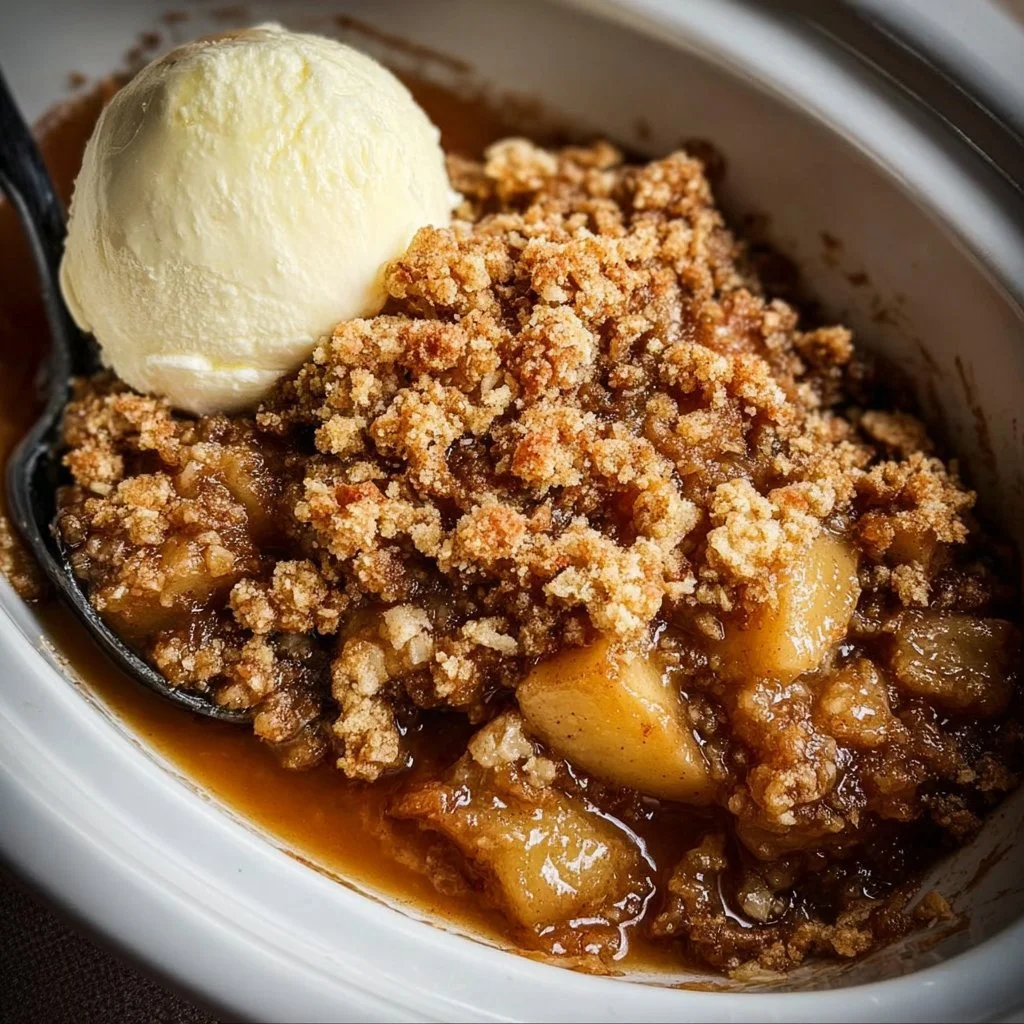 Delicious slow cooker apple crisp dessert topped with oats and cinnamon