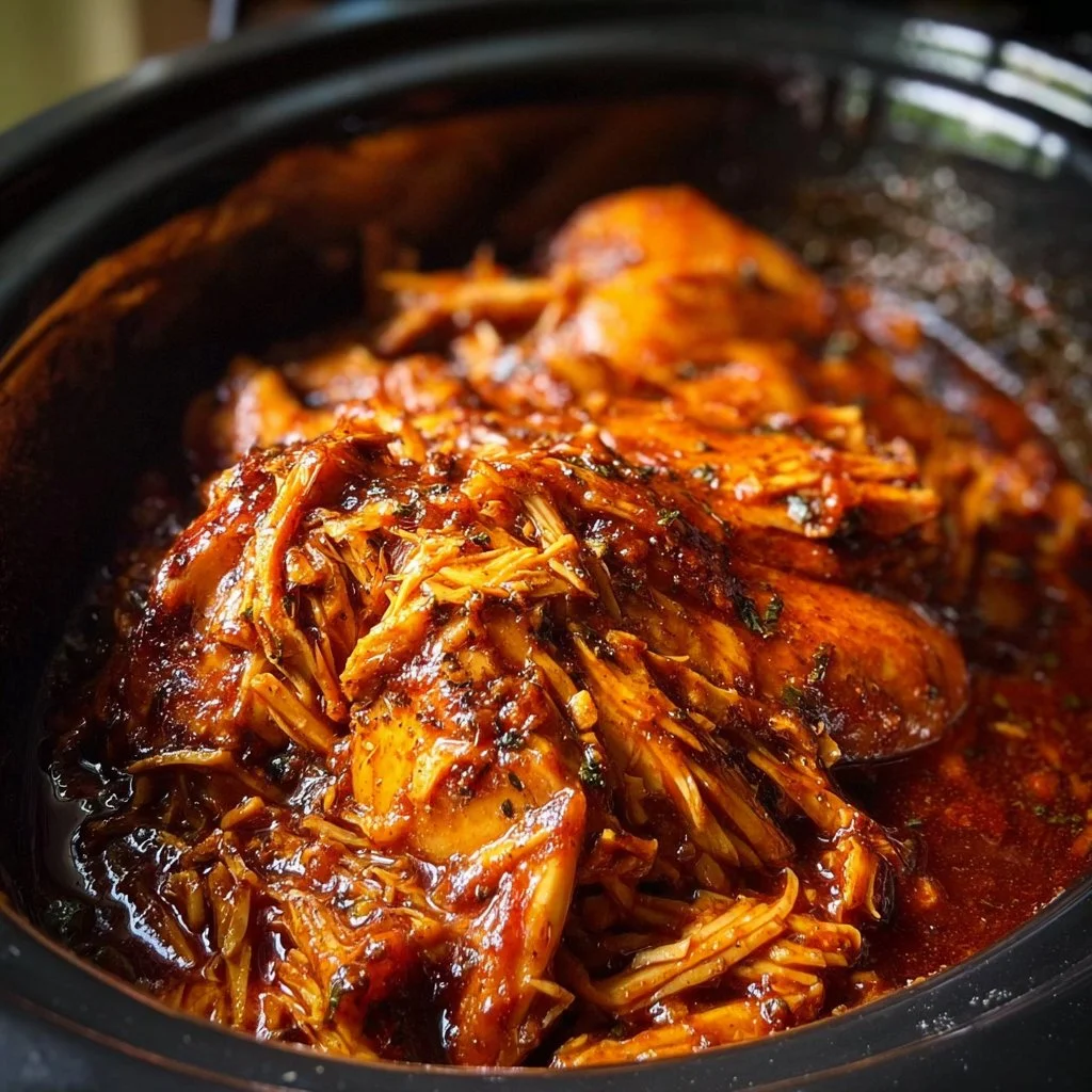 Slow cooker BBQ chicken served on a plate with barbecue sauce and sides