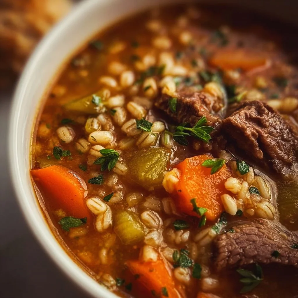 A bowl of slow cooker beef barley soup with vegetables and herbs.