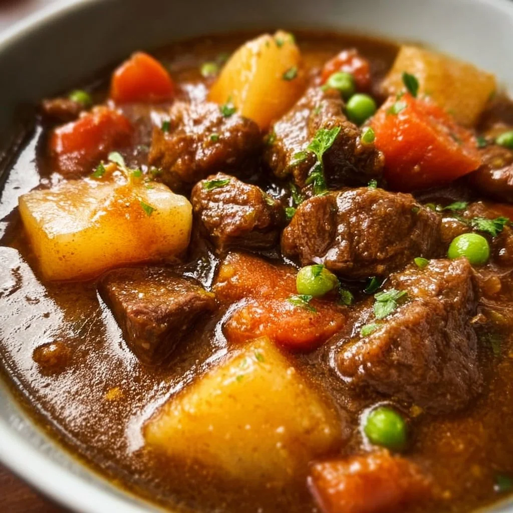 Delicious slow cooker beef stew with vegetables in a bowl