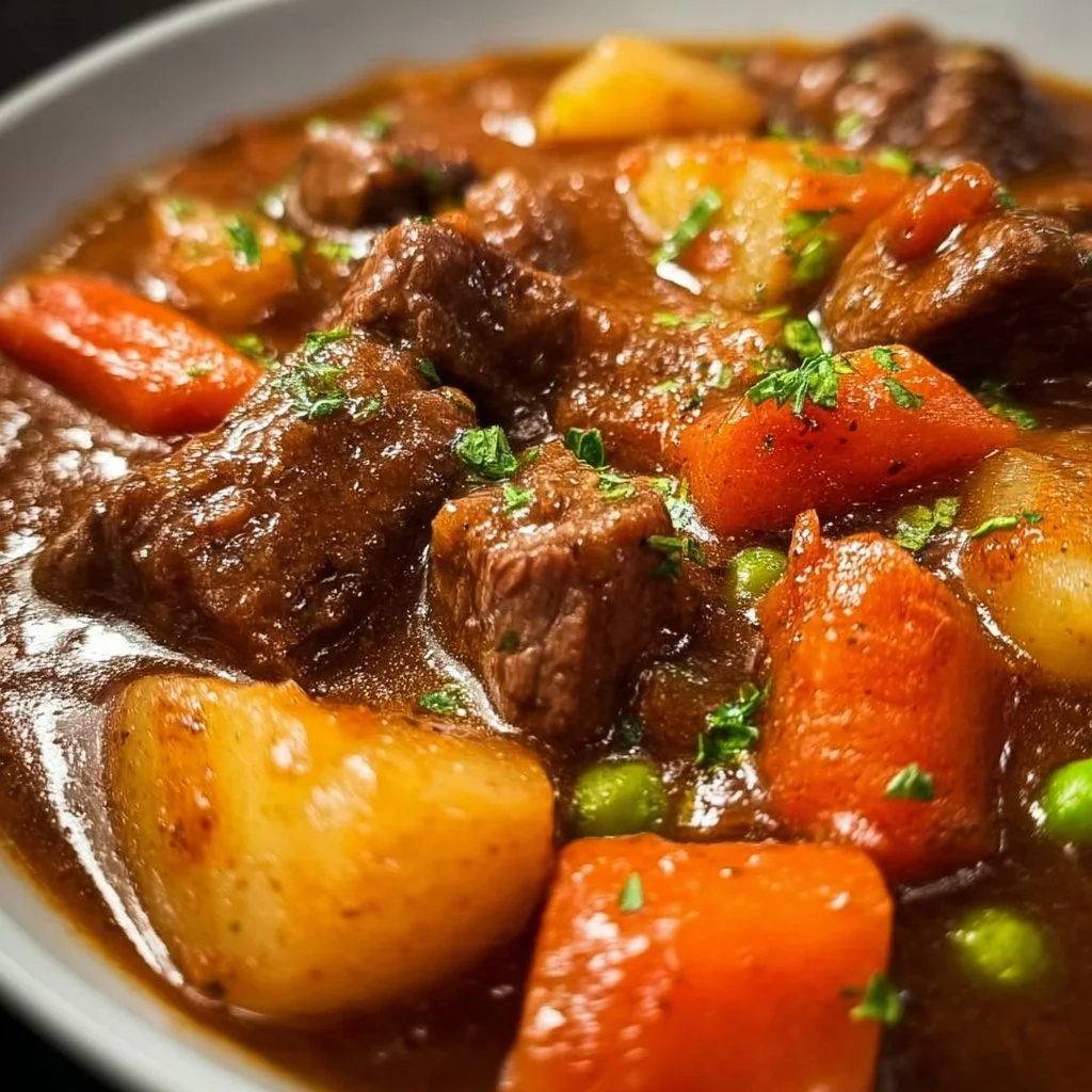 Hearty slow cooker beef stew with vegetables in a bowl