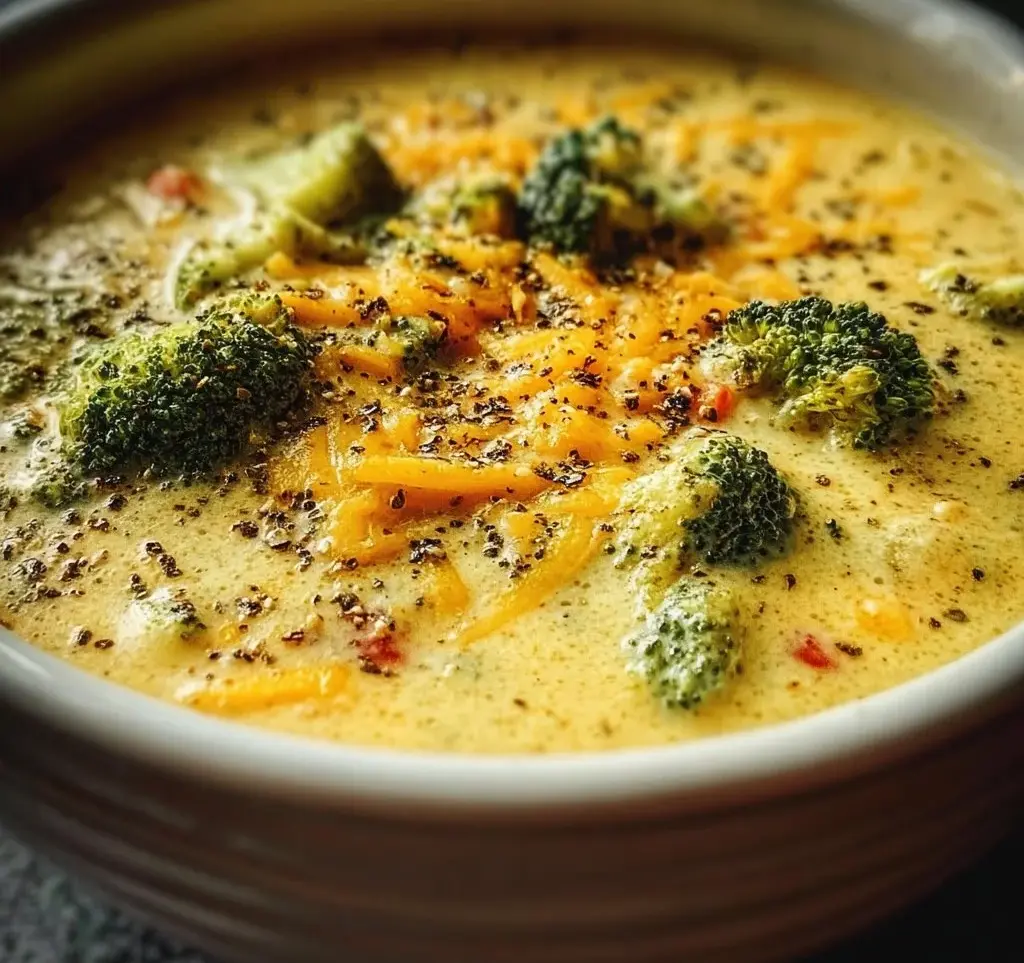 A bowl of creamy slow cooker broccoli cheddar soup garnished with fresh herbs