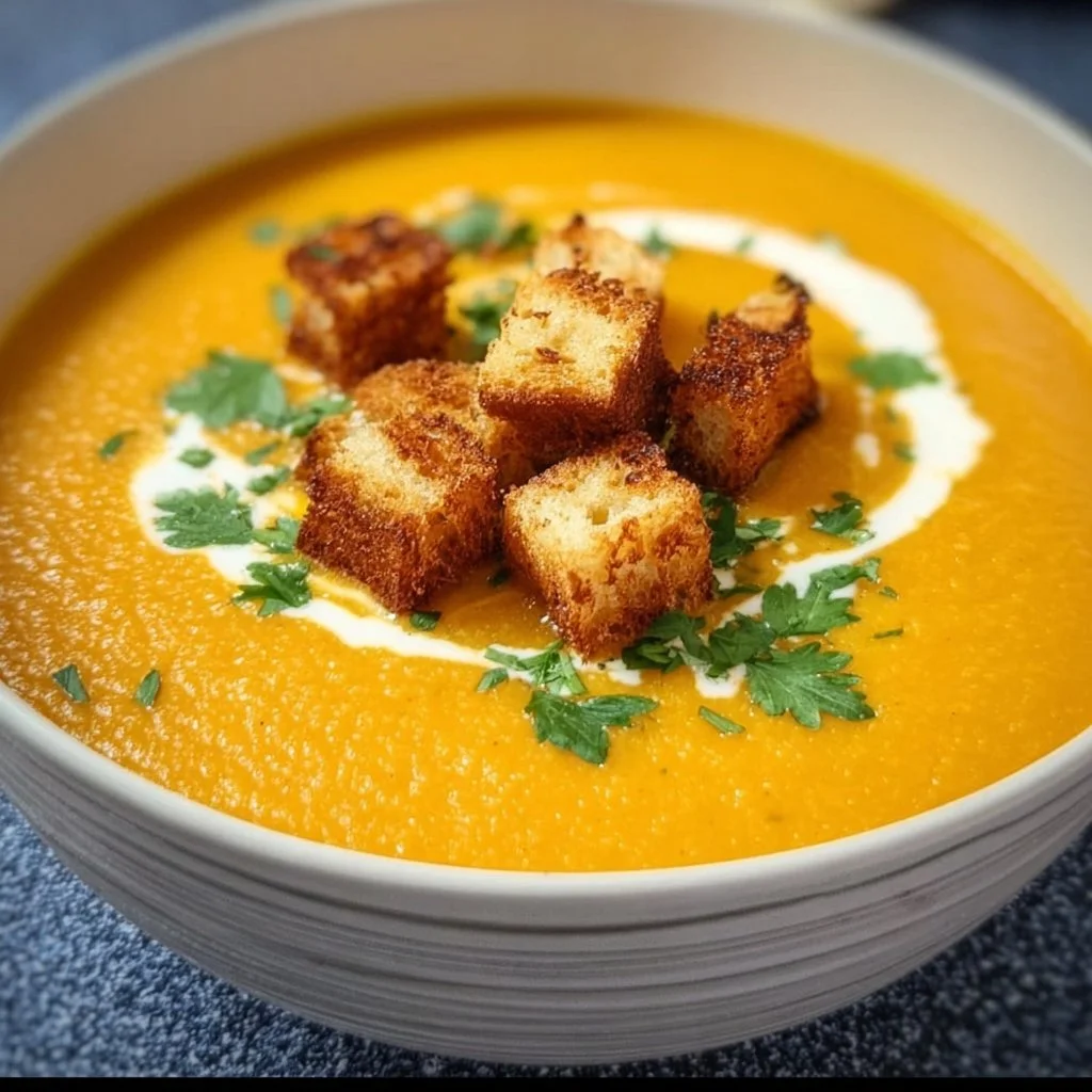 Bowl of creamy slow cooker butternut squash soup topped with fresh herbs.