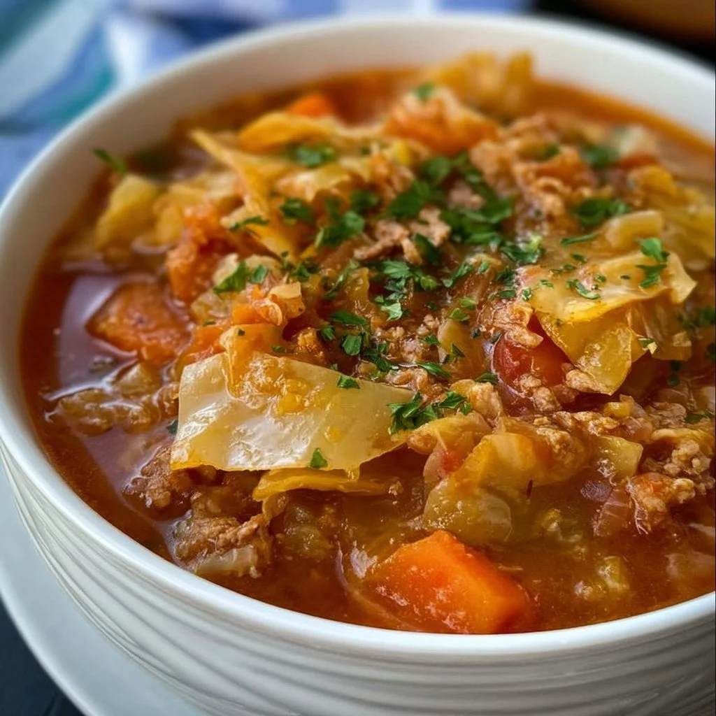 Bowl of Slow Cooker Cabbage Roll Soup with fresh herbs and vegetables