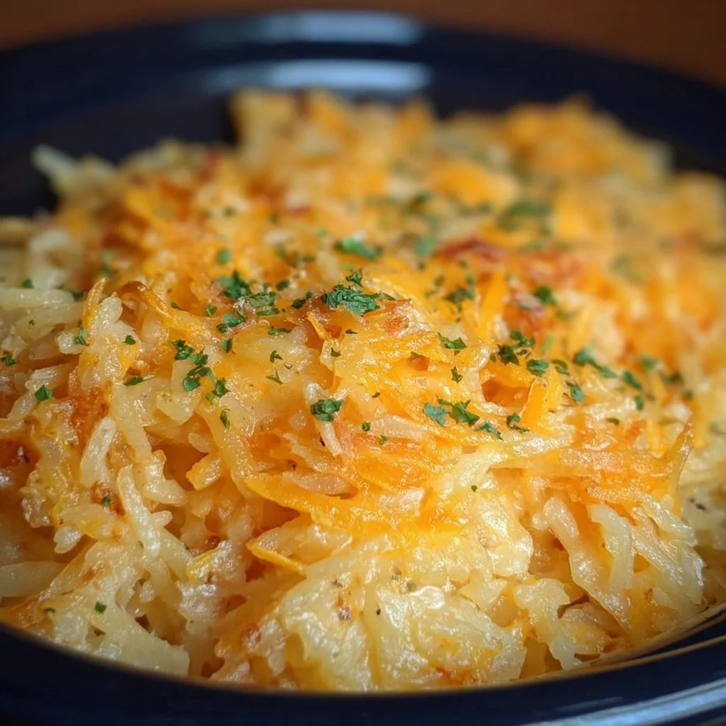 Slow cooker cheesy hash brown casserole ready to serve