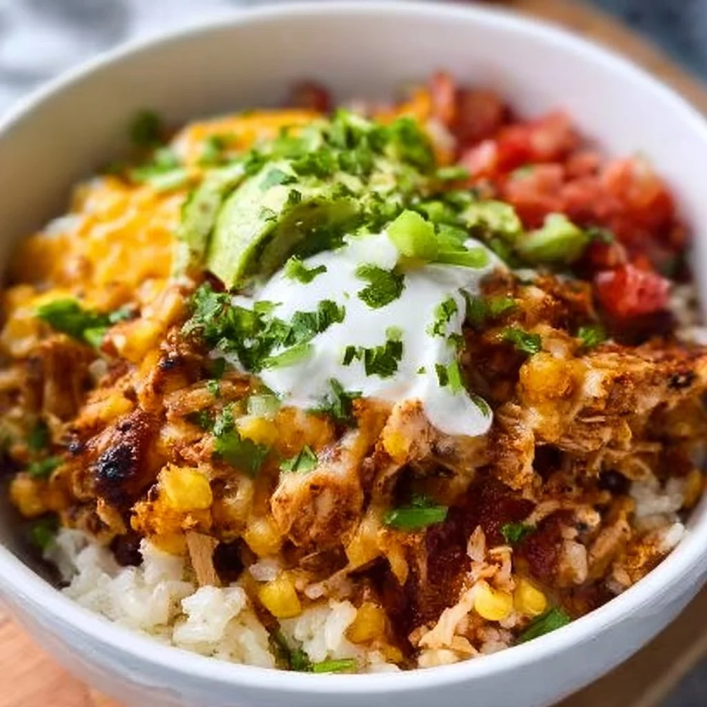 Slow-Cooker Chicken Burrito Bowl with rice, beans, and fresh toppings