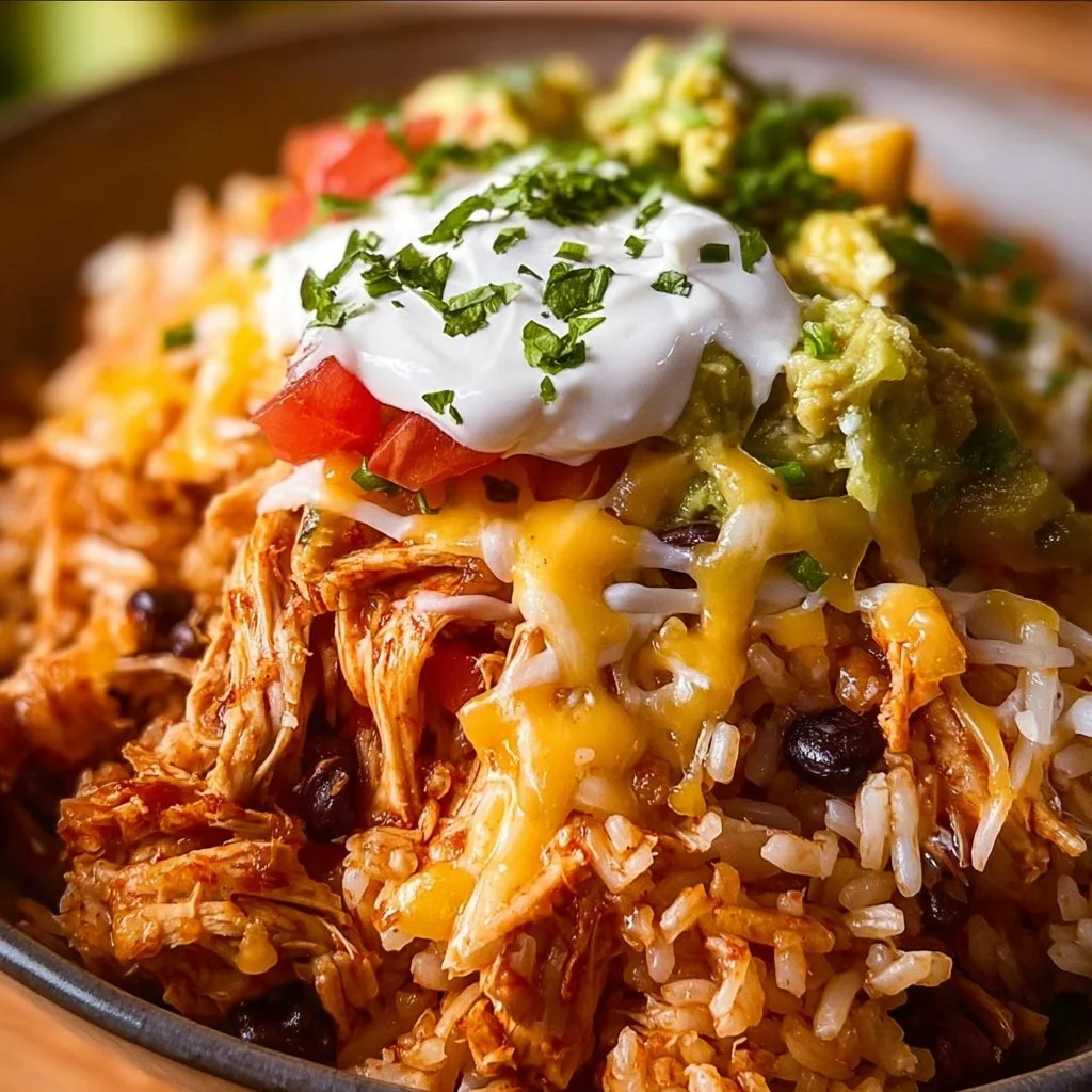 Slow Cooker Chicken Burrito Bowls topped with fresh ingredients