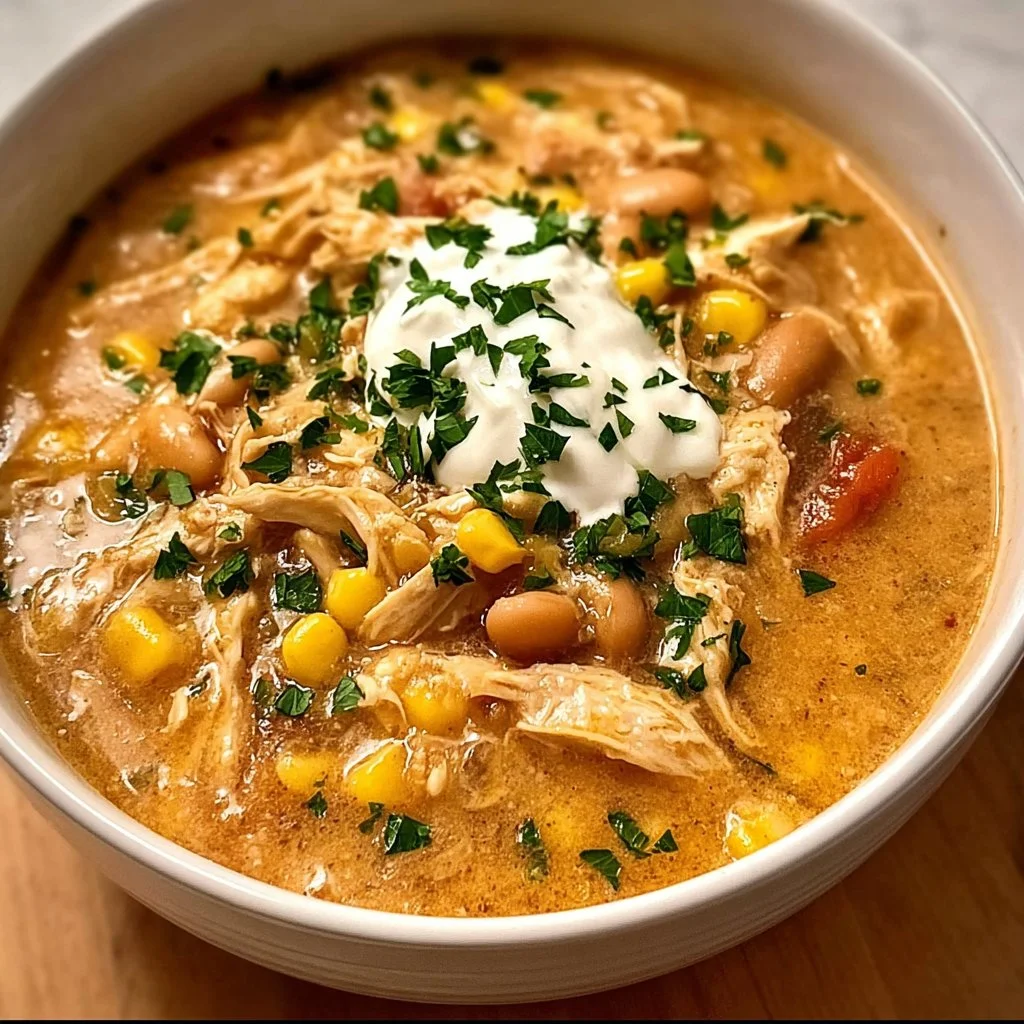 Slow Cooker Chicken Chili in a white bowl with toppings of cheese and cilantro.