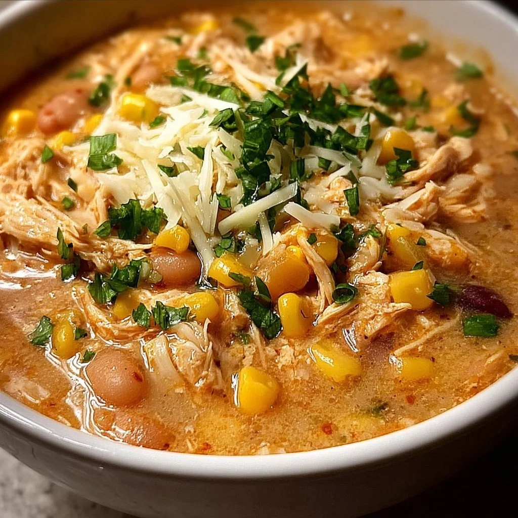 Delicious slow cooker chicken chili served in a bowl with cilantro garnished on top.