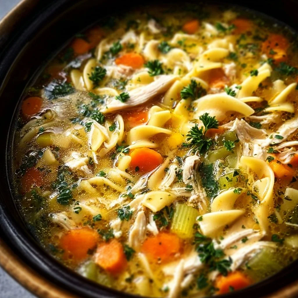 Delicious slow cooker chicken noodle soup with fresh ingredients.
