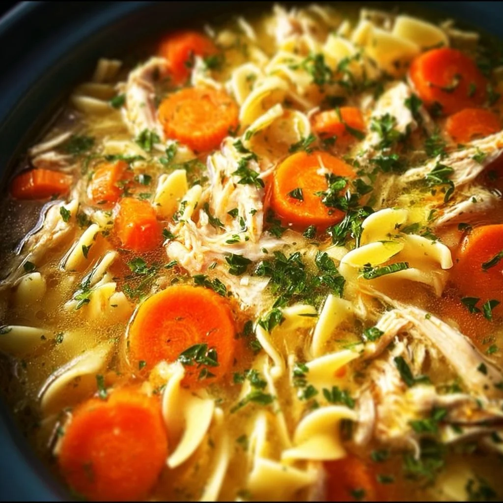 Delicious slow cooker chicken noodle soup in a bowl with fresh vegetables.
