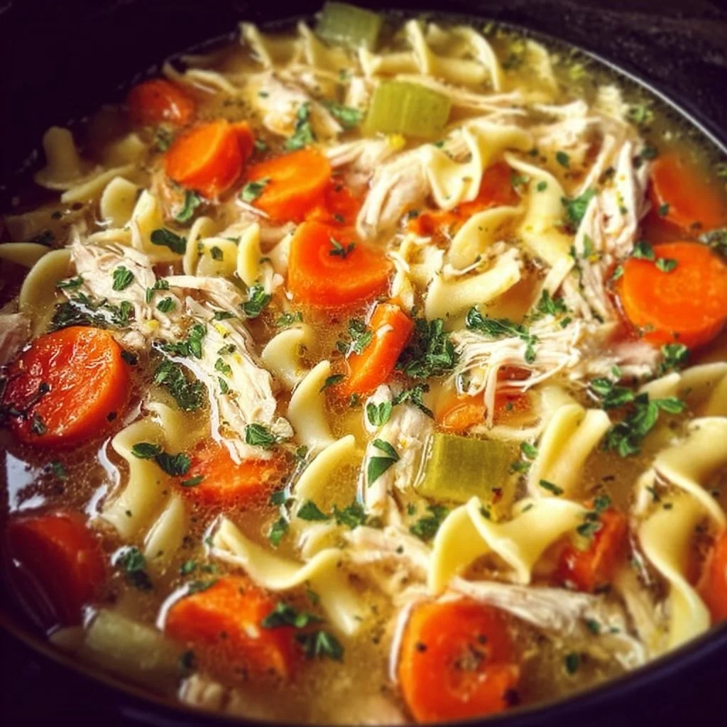 Bowl of slow cooker chicken noodle soup with vegetables and herbs