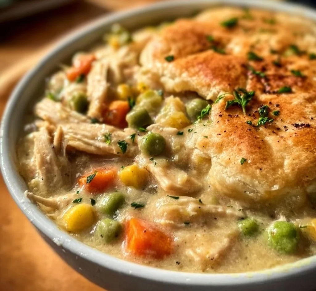 A hearty slow cooker chicken pot pie with vegetables and flaky crust