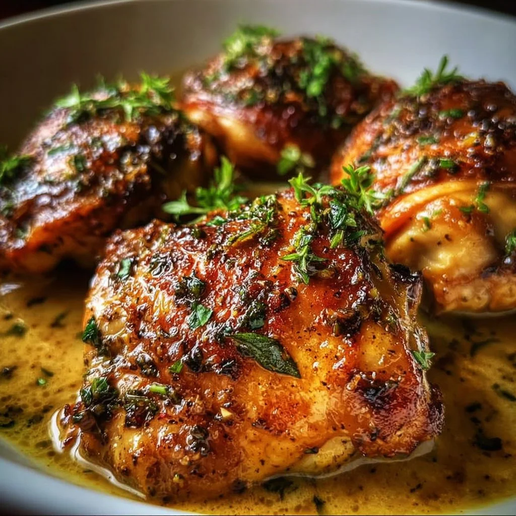Delicious slow cooker chicken thighs garnished with herbs and spices