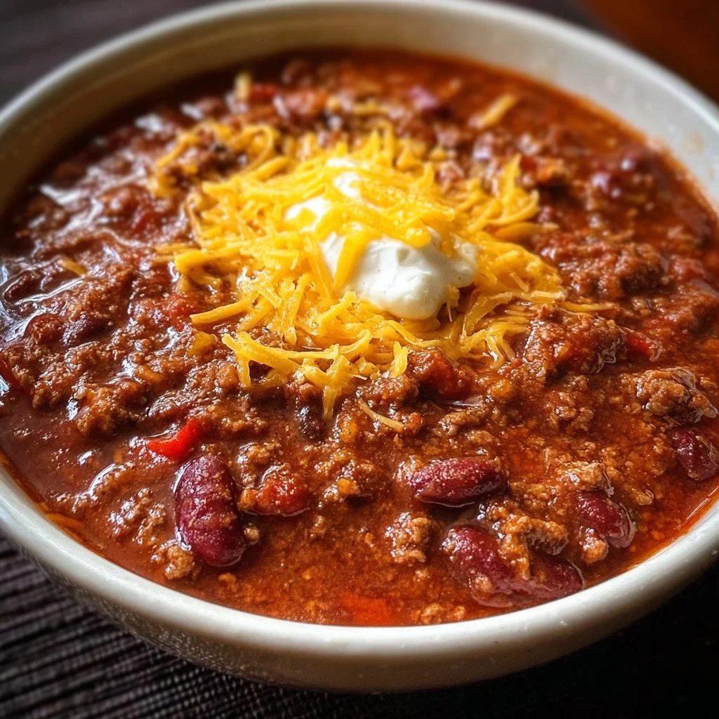 Delicious bowl of slow-cooker chili topped with cheese and cilantro