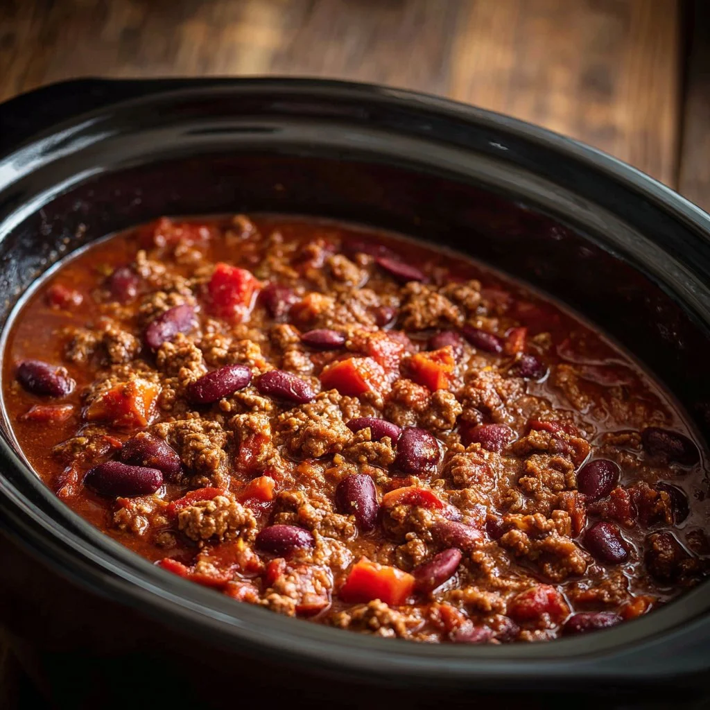 Bowl of delicious slow cooker chili topped with cheese and herbs