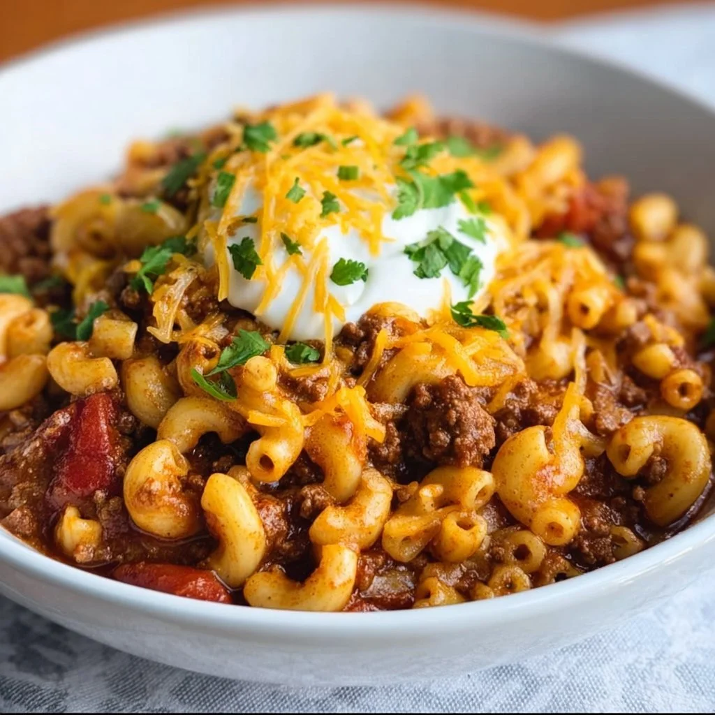 Delicious slow cooker chili mac in a bowl with toppings
