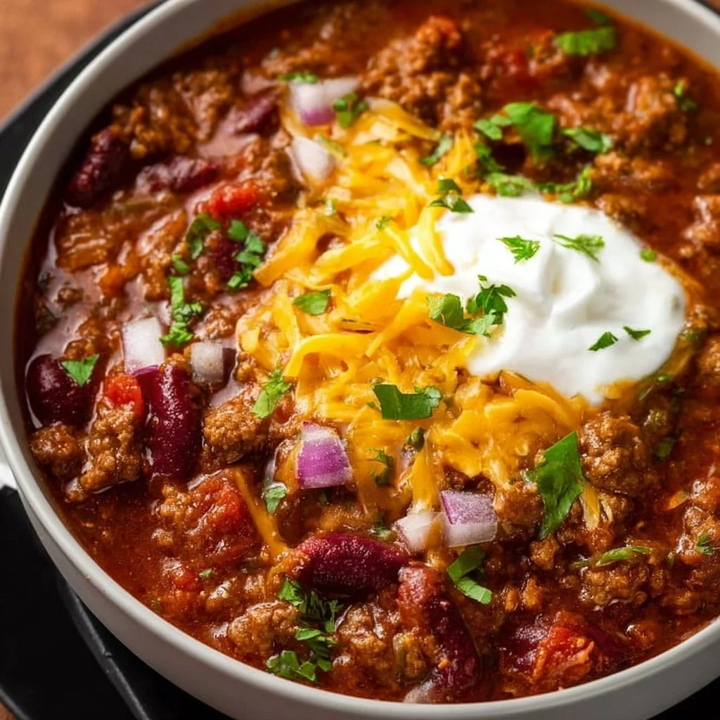 Bowl of slow cooker chili garnished with fresh herbs and cheese