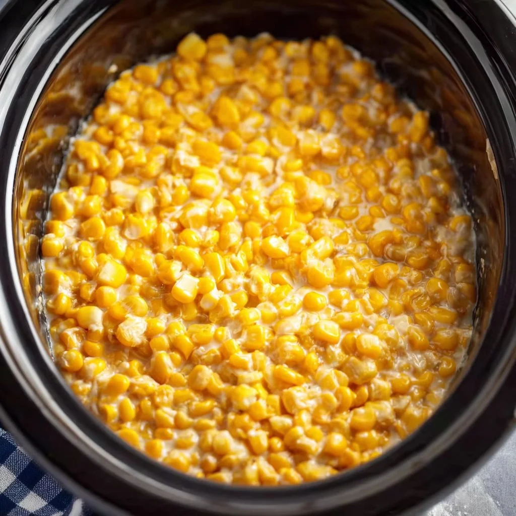 Creamed corn dish cooked in a slow cooker for a creamy side
