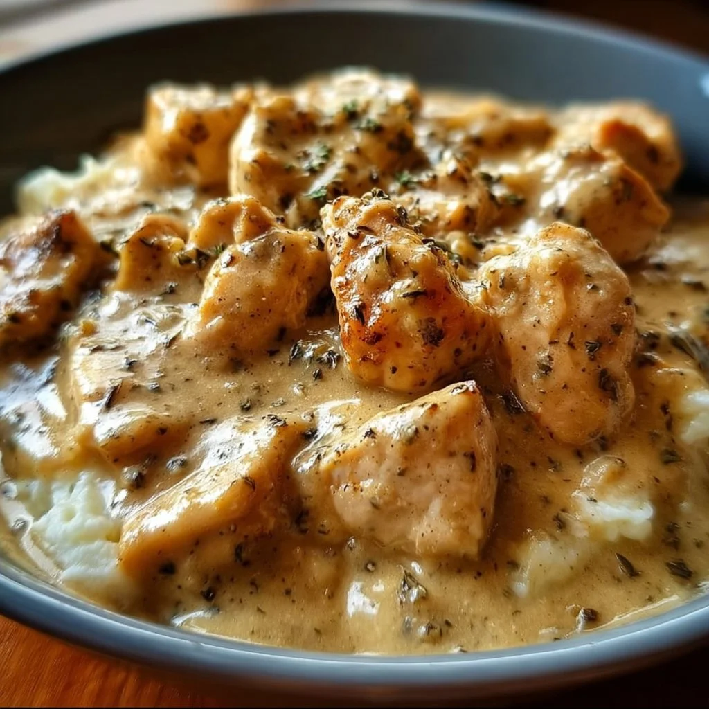 Delicious slow cooker creamy chicken with gravy served on a plate