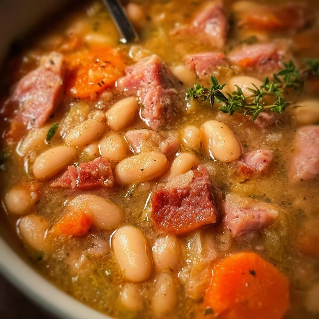 Delicious slow cooker ham and bean soup in a bowl