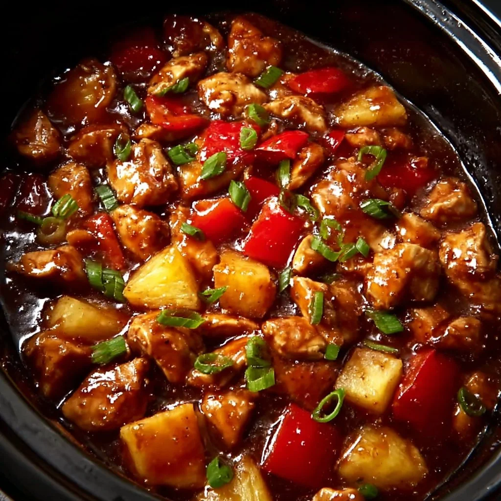 A bowl of delicious Slow Cooker Hawaiian Chicken with pineapple and glaze