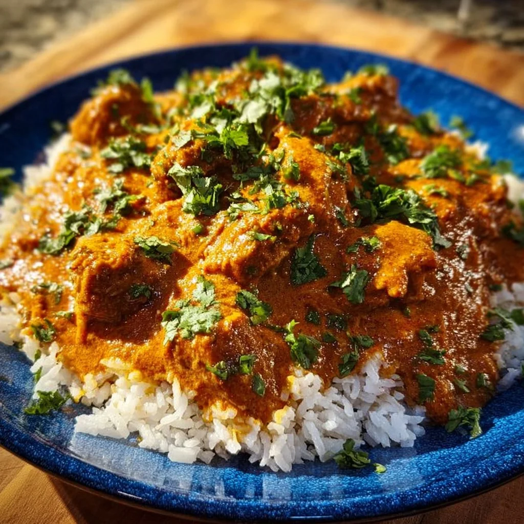 Delicious slow cooker Indian butter chicken served with rice and naan bread.