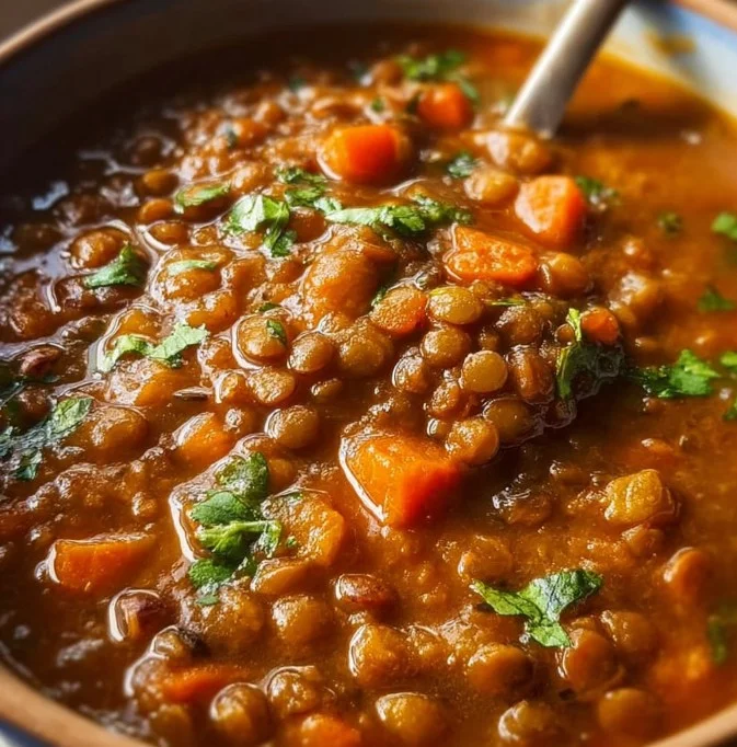 Bowl of slow cooker lentil soup garnished with herbs and vegetables