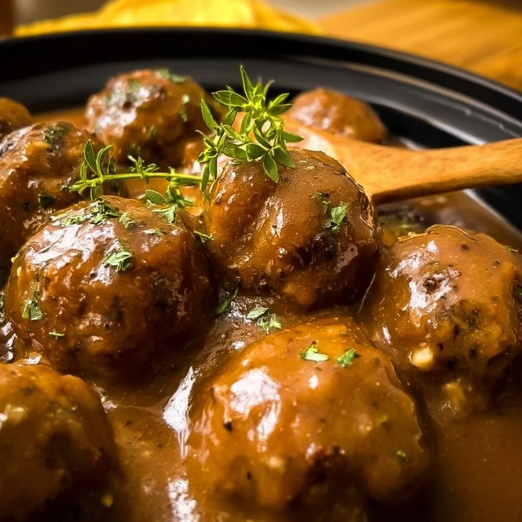 Slow cooker meatballs and gravy served on a plate