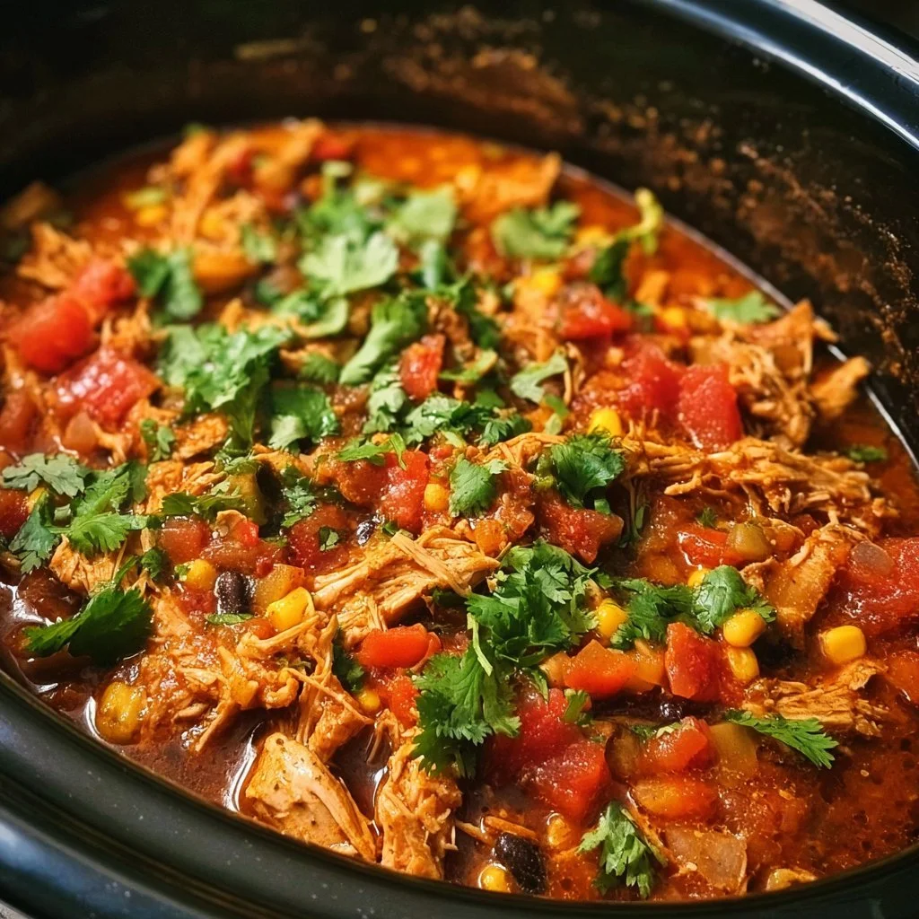 Bowl of Slow Cooker Mexican Chicken garnished with fresh herbs and served with rice