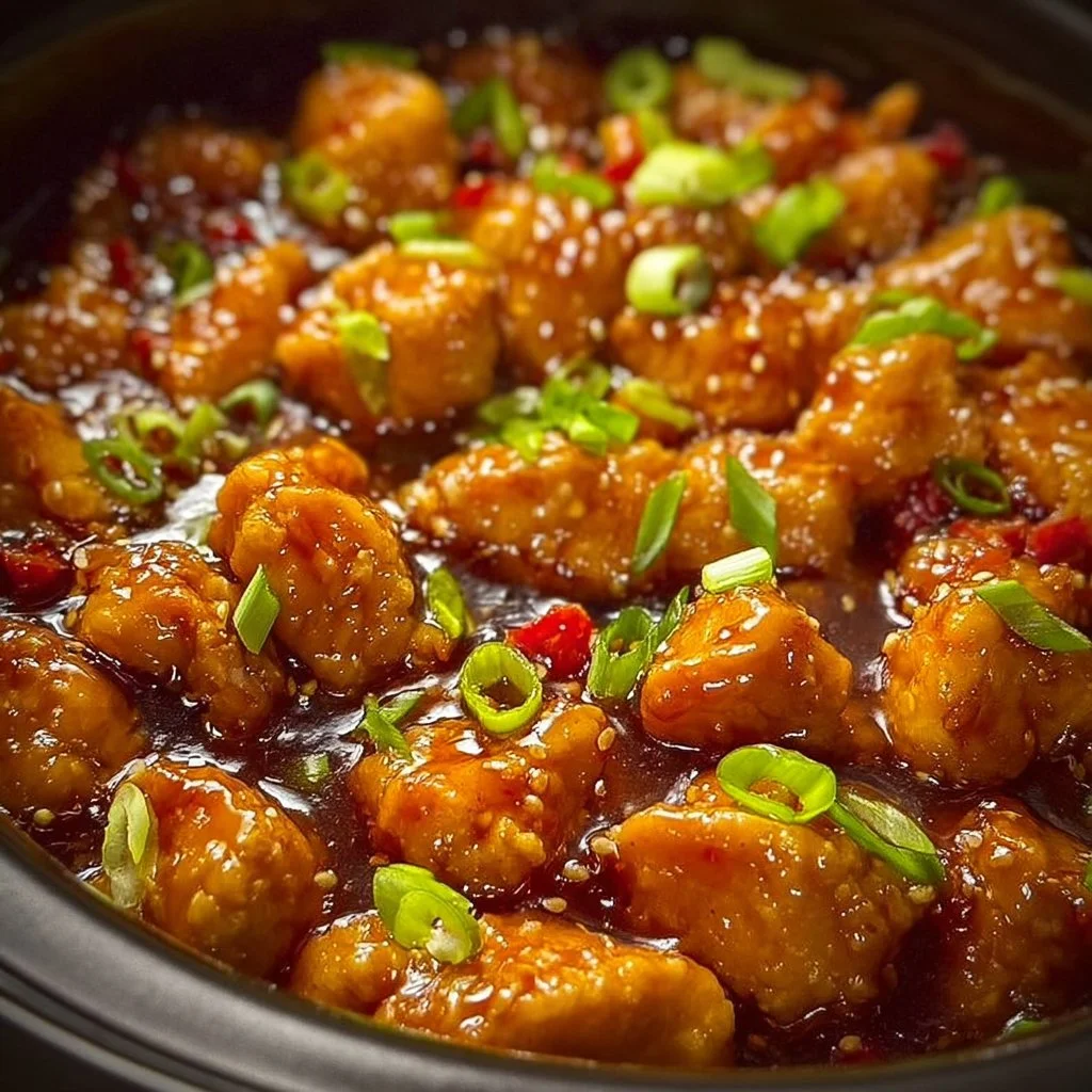 Delicious slow cooker orange chicken served with rice and vegetables.