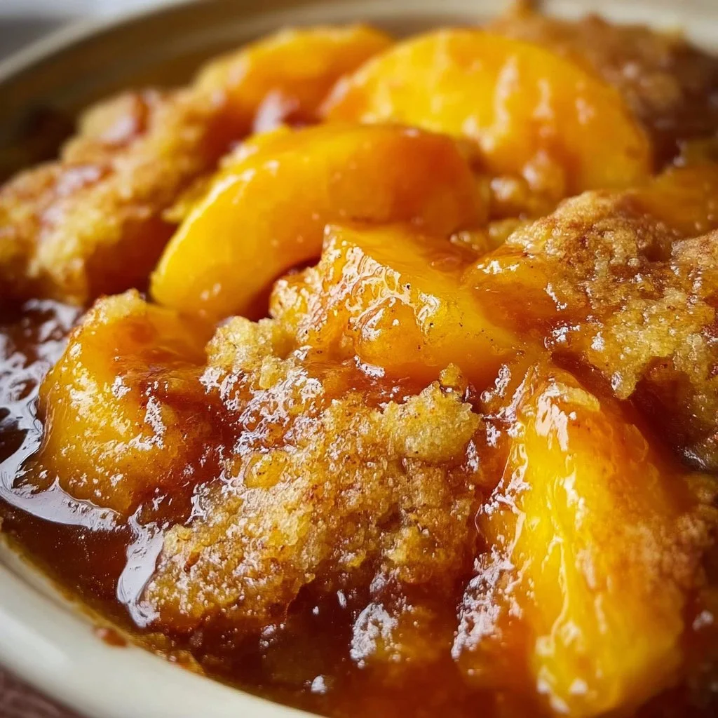 Delicious slow cooker peach cobbler topped with ice cream and fresh peaches