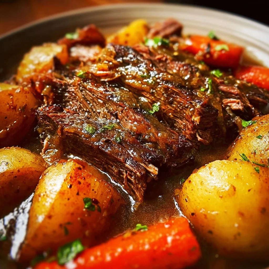 Delicious slow cooker pot roast with gravy served on a plate