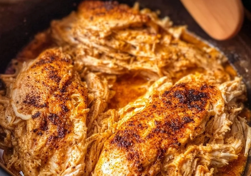 Slow cooker pulled chicken served in a rustic bowl with sides.