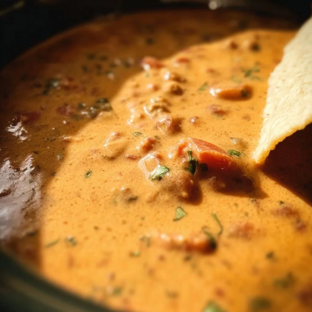 Creamy slow cooker queso dip served with tortilla chips.